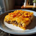 A delicious slice of Dorito Casserole, featuring ground beef, cheese, and crushed Doritos.