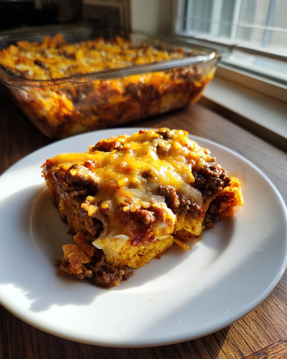 A delicious slice of Dorito Casserole, featuring ground beef, cheese, and crushed Doritos, served on a white plate.