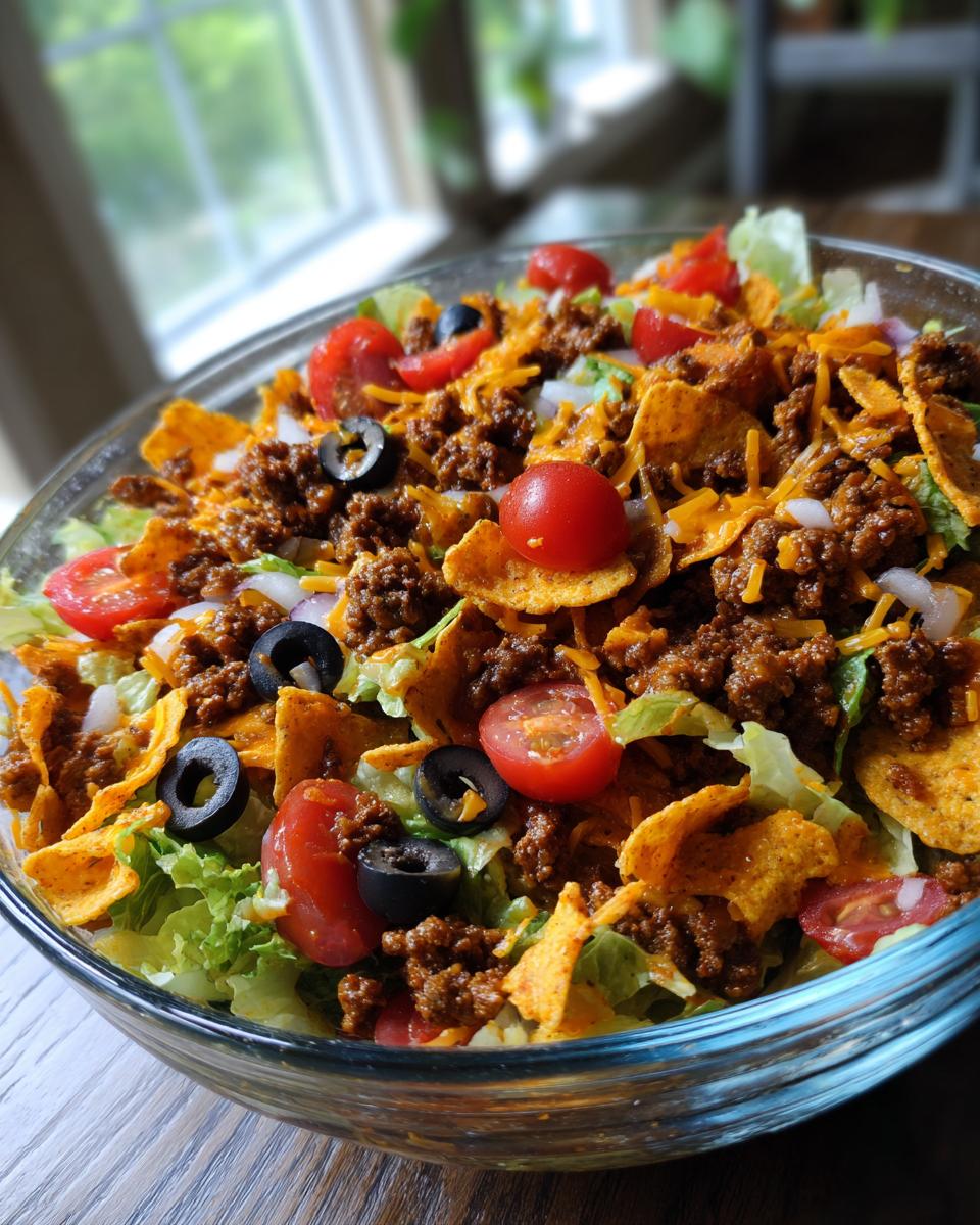 A close-up of a large glass bowl filled with Dorito Taco Salad, featuring seasoned ground beef, lettuce, tomatoes, olives, onions, and shredded cheese.