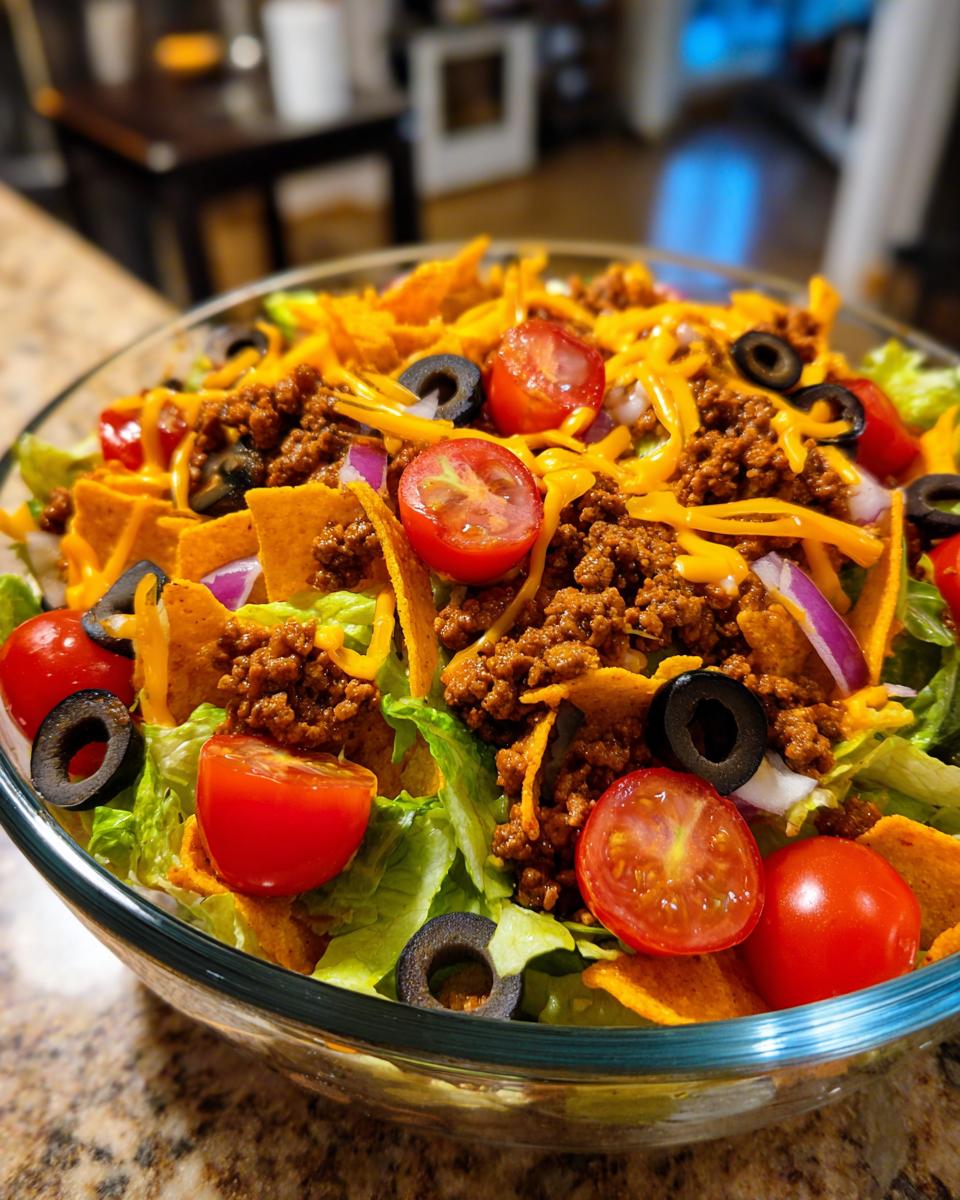 A close-up of a large glass bowl filled with Dorito Taco Salad, featuring lettuce, seasoned ground beef, shredded cheese, cherry tomatoes, black olives, and Doritos.