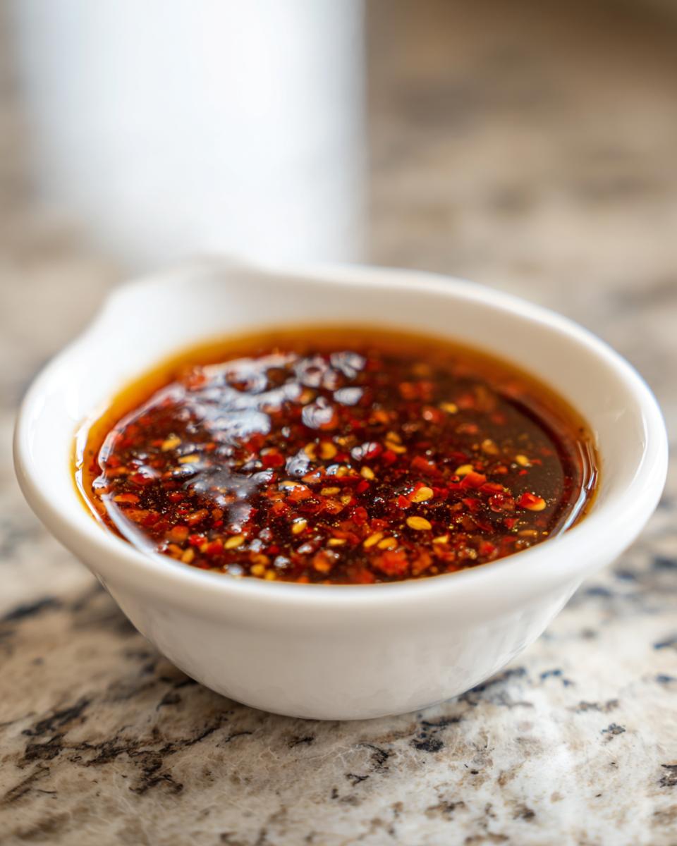 Close-up of a white bowl filled with a rich, flavorful dumpling sauce with visible chili flakes and sesame seeds.
