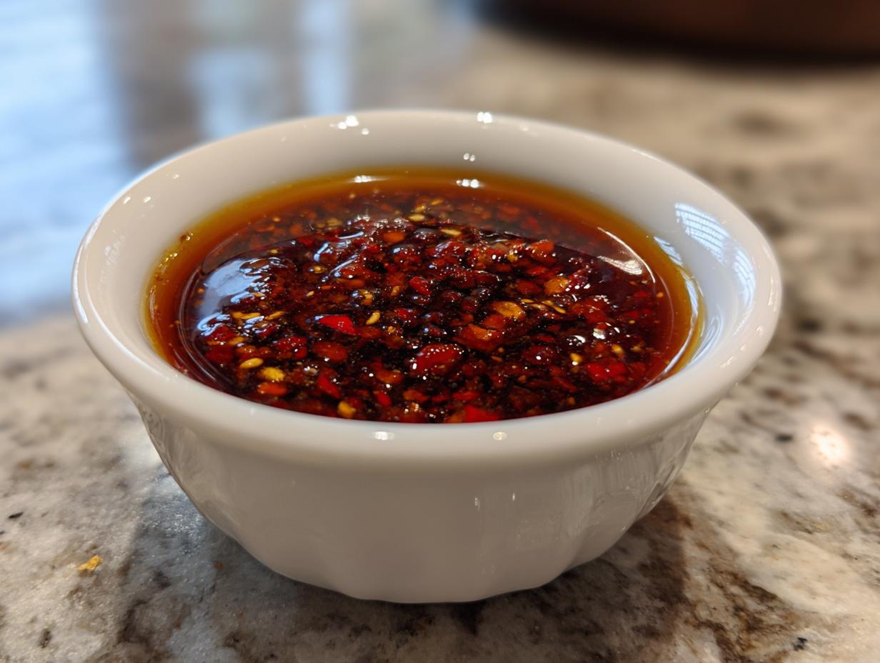 Close-up of a white bowl filled with a flavorful, spicy chili oil dumpling sauce.