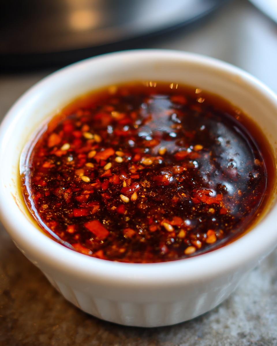 Close-up of a small white bowl filled with a rich, dark, and spicy dumpling sauce with visible chili flakes and sesame seeds.