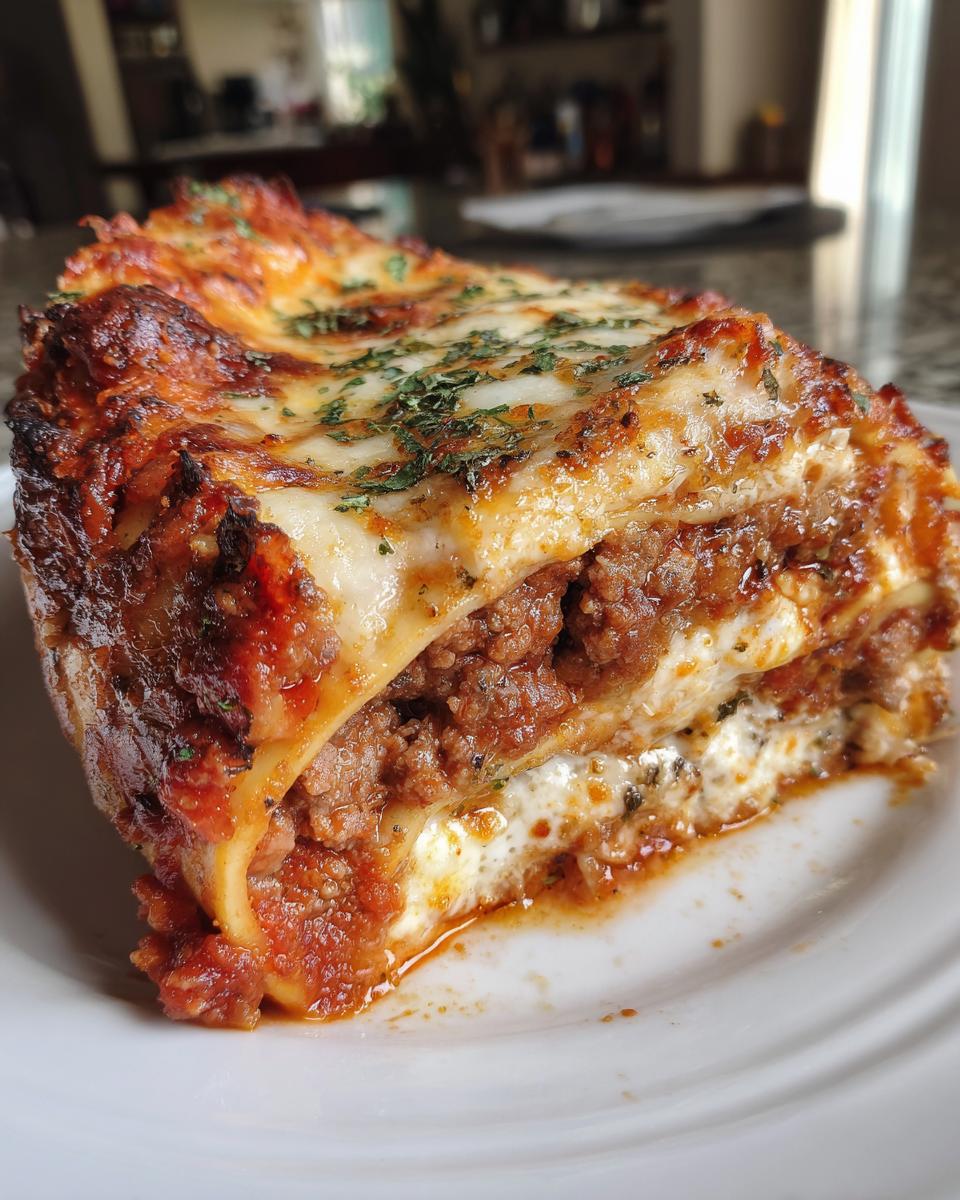 A close-up of a generous slice of easy lasagna with ricotta, showing layers of pasta, meat sauce, and creamy ricotta cheese, topped with melted mozzarella and parsley.
