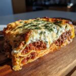 A mouthwatering slice of easy lasagna with ricotta, featuring layers of pasta, meat sauce, and creamy ricotta cheese, topped with melted mozzarella and parsley.