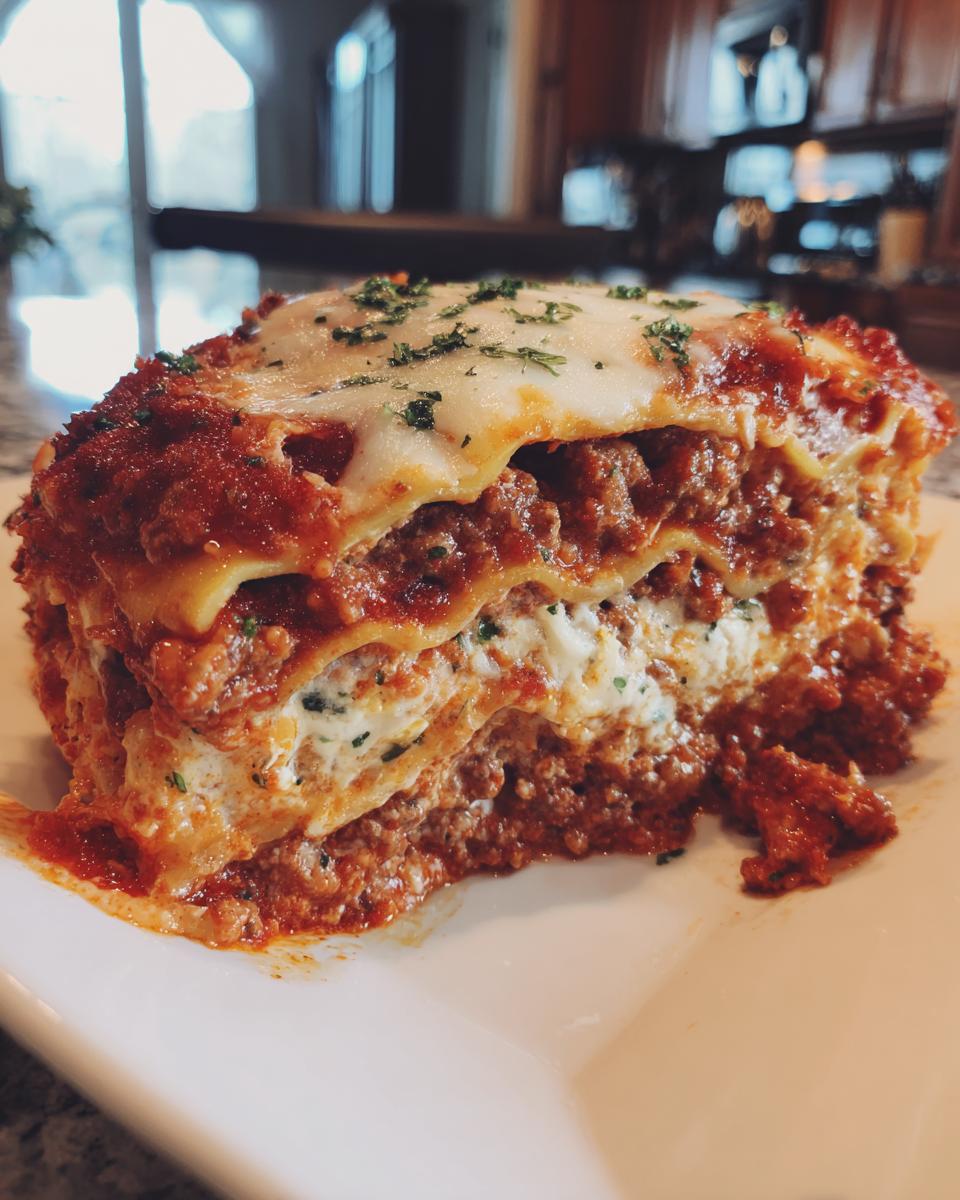 A generous slice of easy lasagna with ricotta, featuring layers of pasta, rich meat sauce, and creamy ricotta filling, topped with melted cheese and parsley.