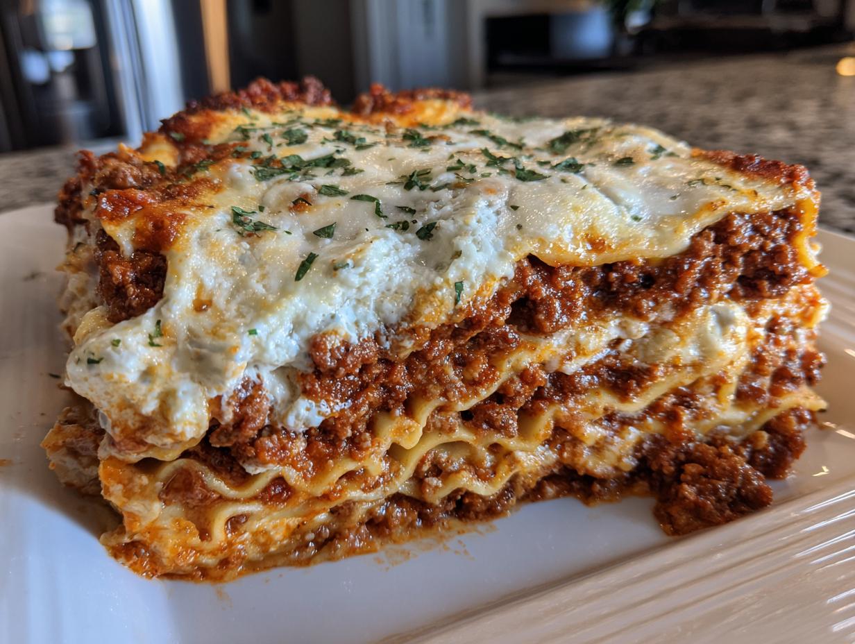 A close-up of a generous slice of easy lasagna with ricotta, showing layers of pasta, meat sauce, and creamy ricotta cheese.