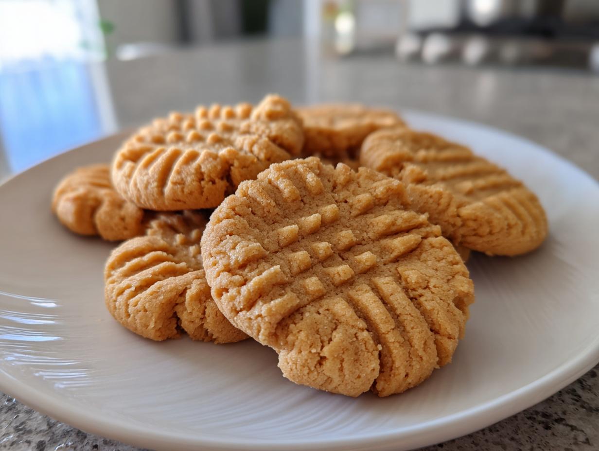 Close-up of several Easy Peanut Butter Cookies with classic fork marks on a white plate.
