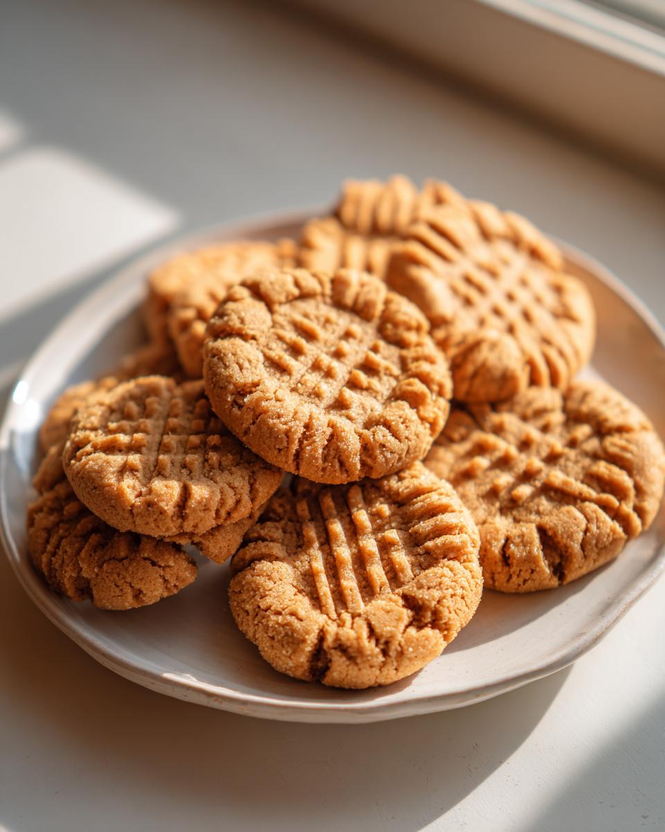 A close-up shot of several Easy Peanut Butter Cookies with classic fork marks, piled on a white plate.