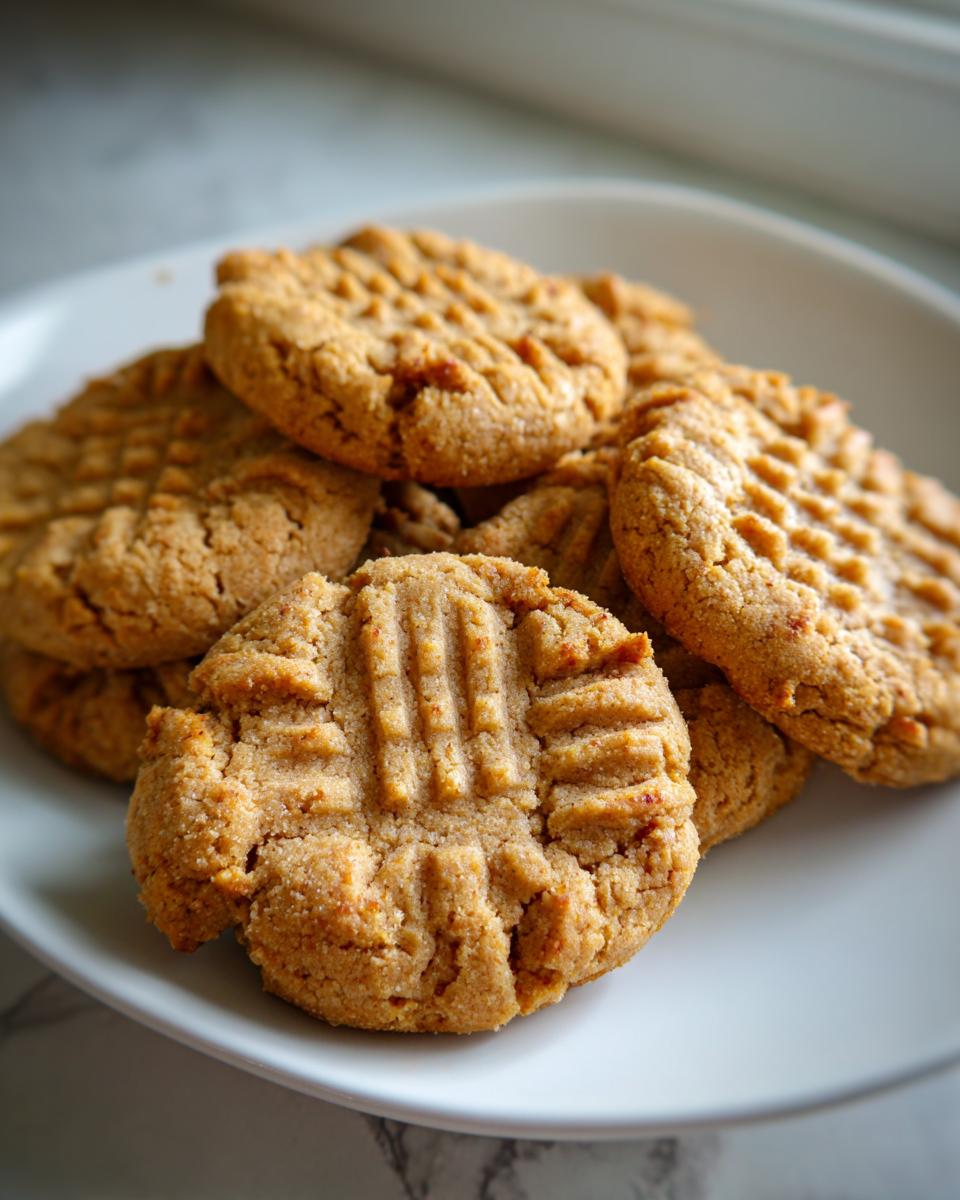 A close-up of several Easy Peanut Butter Cookies with classic fork marks on a white plate.