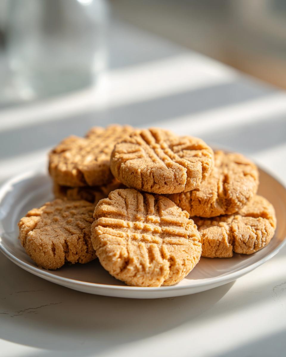 A stack of delicious Easy Peanut Butter Cookies with classic criss-cross fork marks on a white plate.
