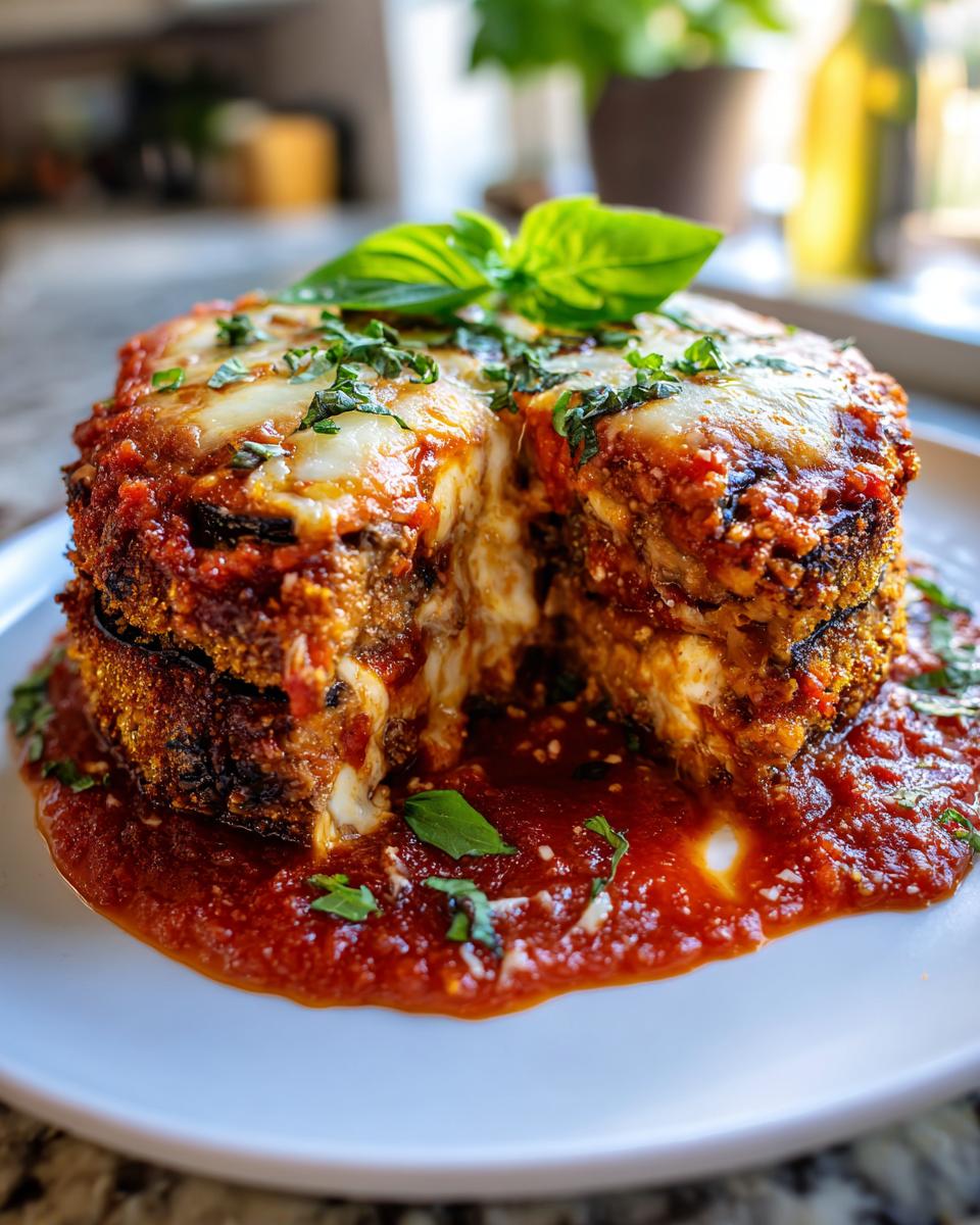 A tall, layered stack of crispy Eggplant Parmesan baked to perfection, topped with melted cheese and fresh basil.