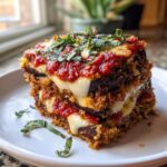 A close-up of a crispy slice of eggplant parmesan, layered with melted cheese and marinara sauce, topped with fresh basil.
