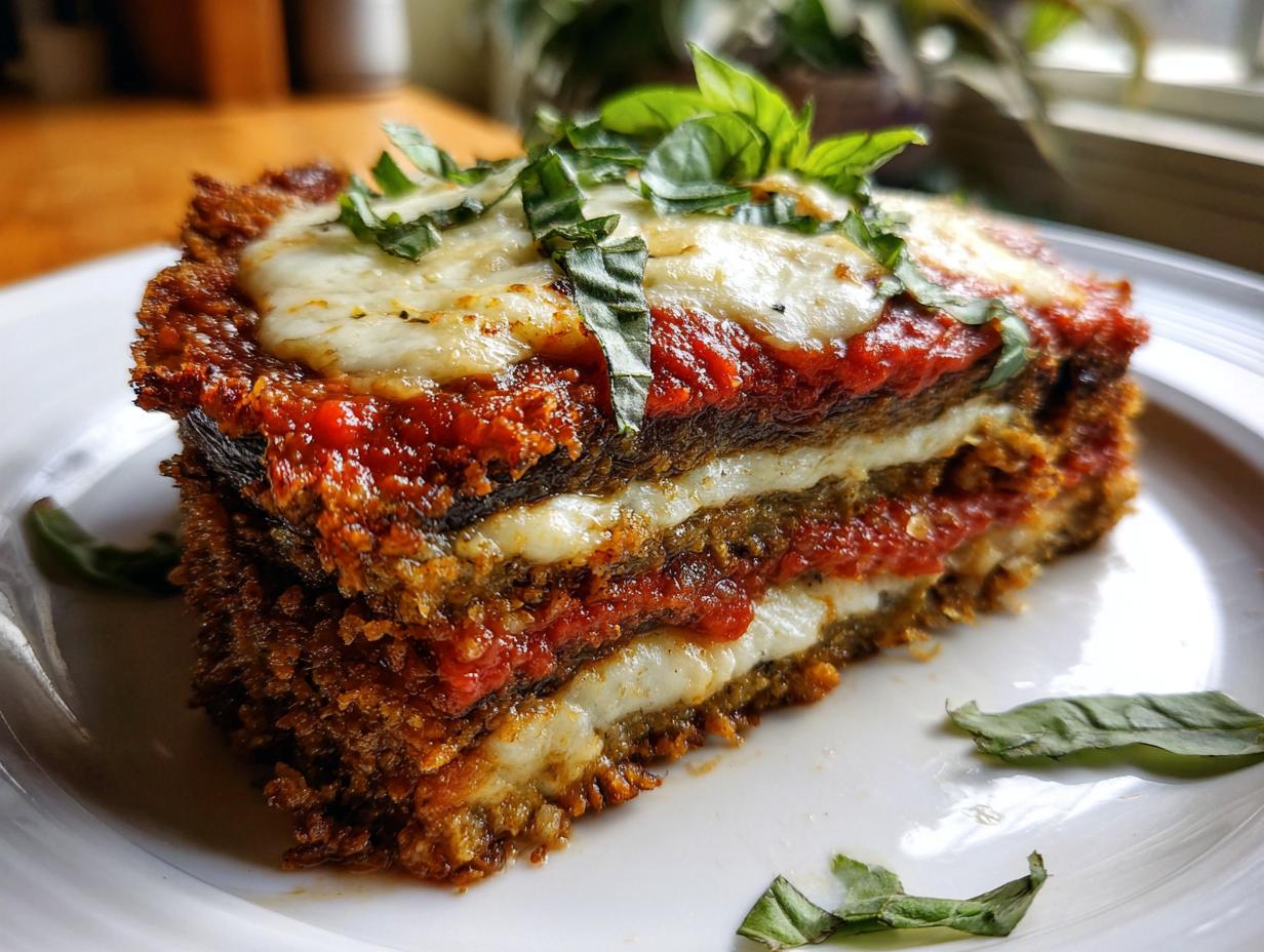 A close-up of a hearty slice of Eggplant Parmesan on a white plate, topped with fresh basil.