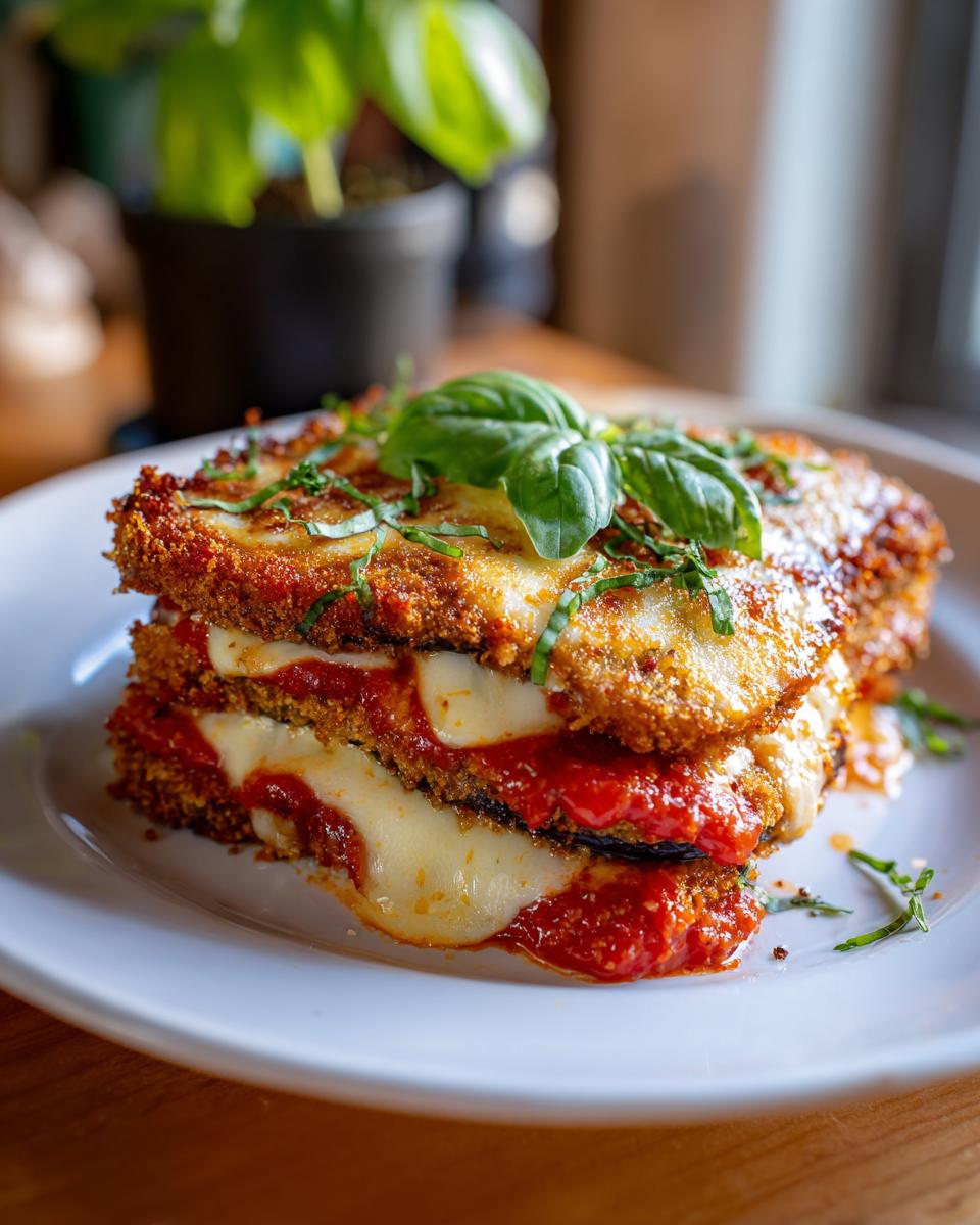 A close-up of a stack of crispy Eggplant Parmesan, layered with marinara sauce and melted mozzarella, topped with fresh basil.