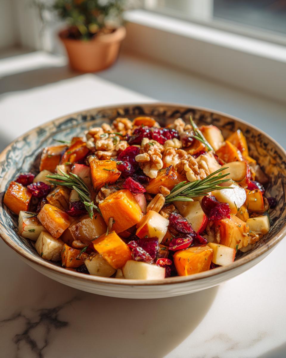 A close-up of a vibrant fall pasta salad in a bowl, featuring roasted butternut squash, apples, cranberries, and walnuts, garnished with rosemary.