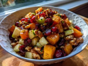 A close-up of a vibrant fall pasta salad in a white bowl, featuring butternut squash, cranberries, walnuts, and chopped apples.