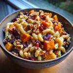 A close-up of a bowl of fall pasta salad featuring pasta, butternut squash cubes, dried cranberries, and walnuts.