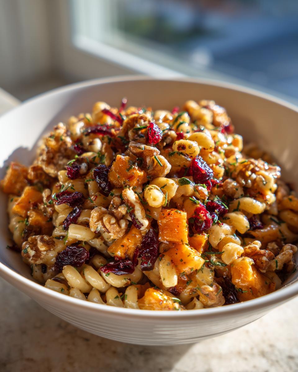 A close-up of a bowl of fall pasta salad featuring rotini pasta, roasted butternut squash, dried cranberries, and walnuts.