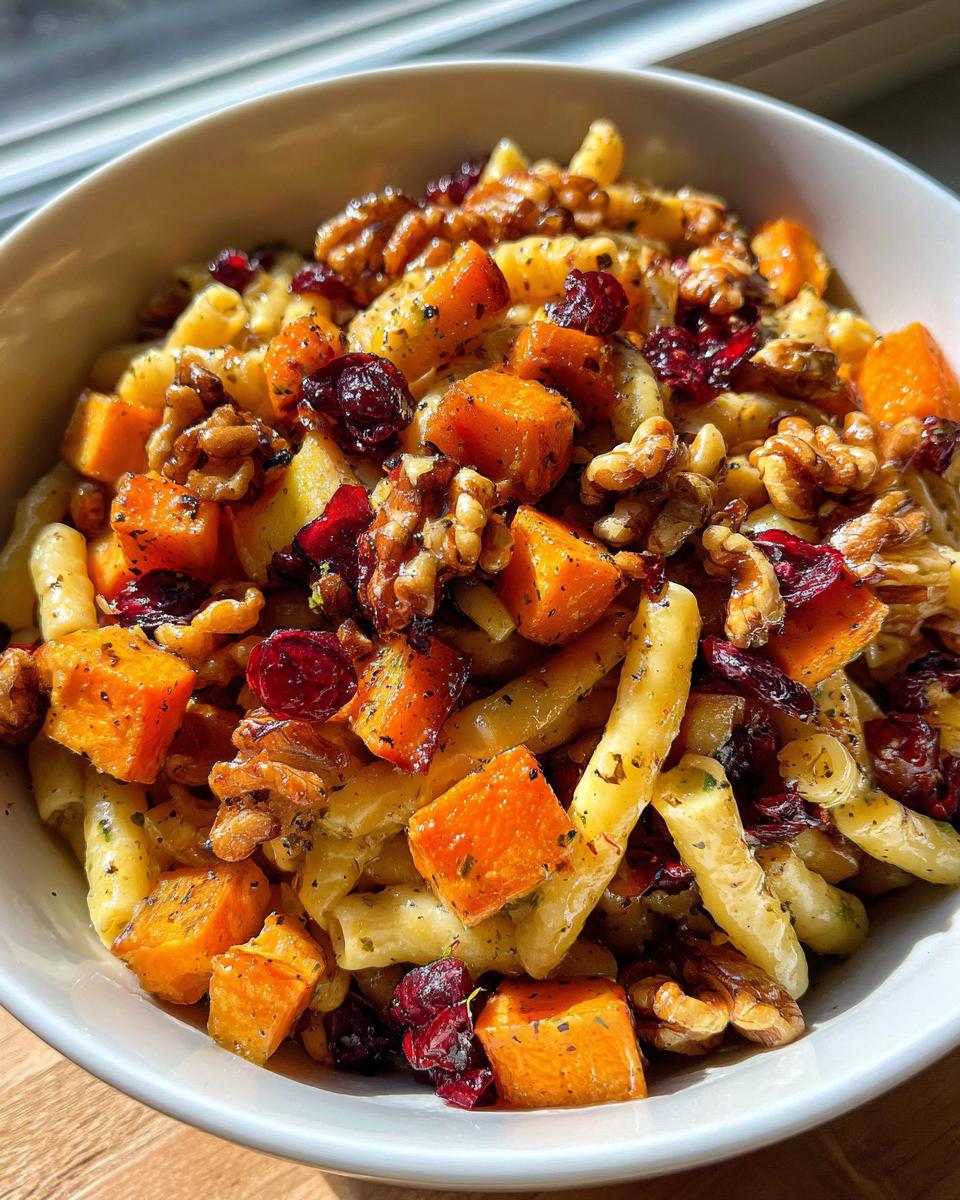 A close-up of a bowl of fall pasta salad featuring pasta, roasted butternut squash cubes, dried cranberries, and walnuts.