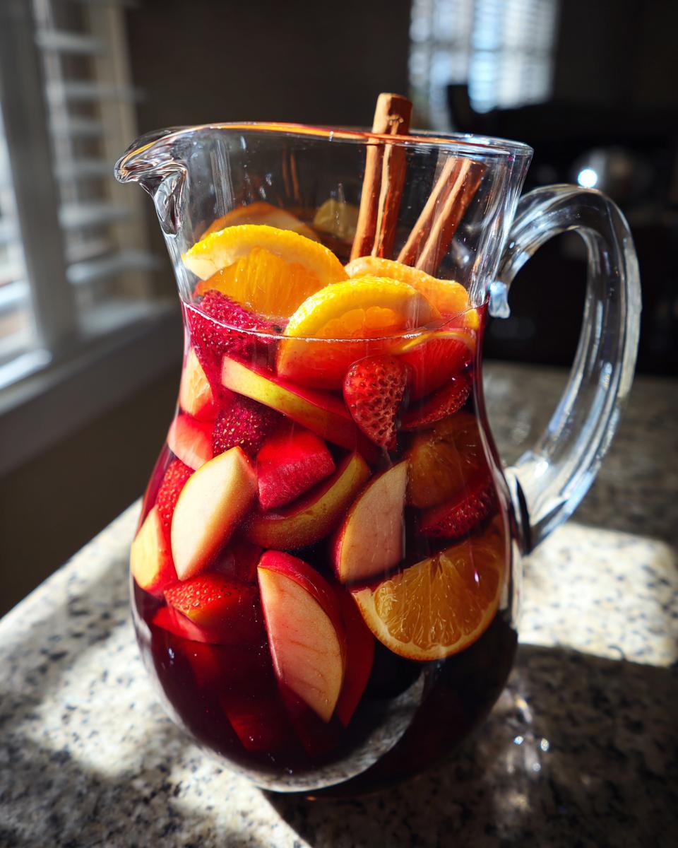 A clear glass pitcher filled with vibrant red fall sangria, packed with sliced apples, strawberries, oranges, and cinnamon sticks.