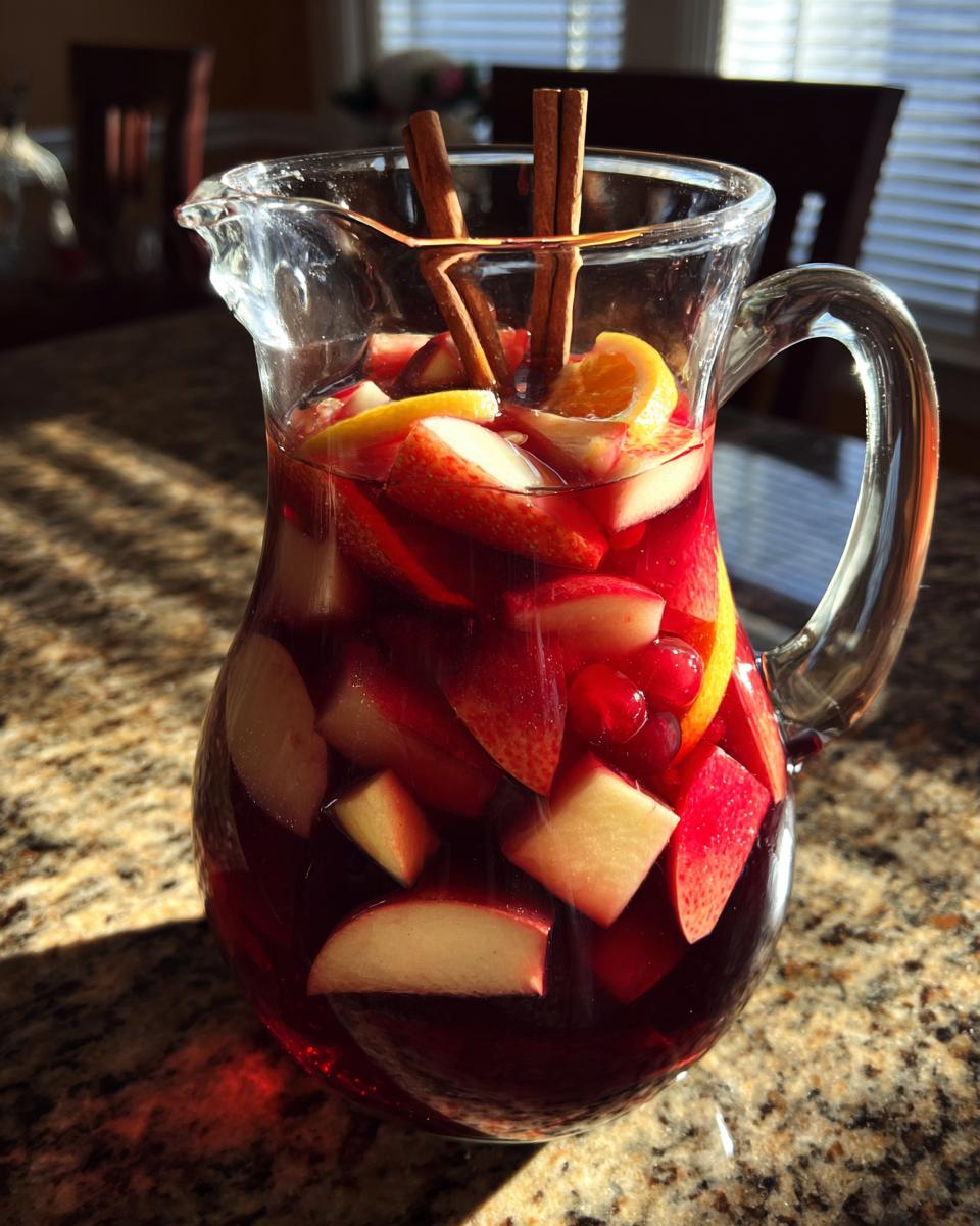 A crystal pitcher filled with red fall sangria, featuring sliced apples, oranges, strawberries, and cinnamon sticks.
