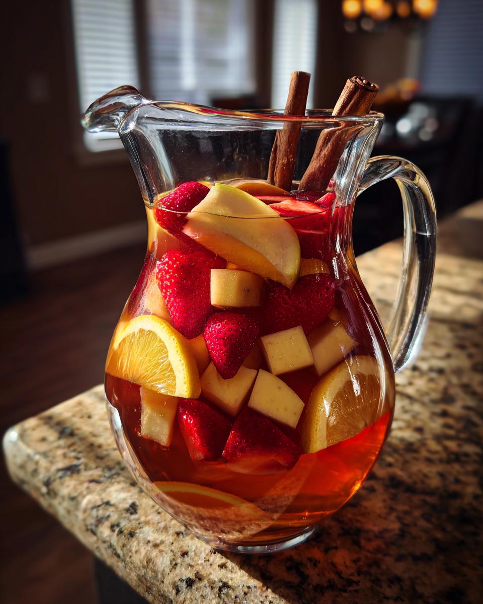A clear glass pitcher filled with fall sangria, featuring strawberries, apple slices, orange slices, and cinnamon sticks.