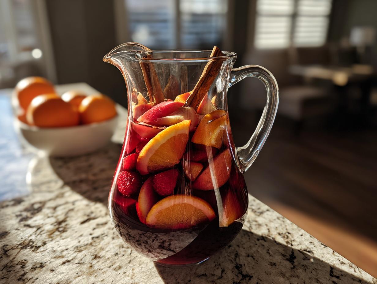 A glass pitcher filled with vibrant fall sangria, featuring sliced oranges, apples, strawberries, and cinnamon sticks.