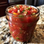 Close-up of a glass jar filled with vibrant fresh tomato canned salsa, showing chopped tomatoes, onions, jalapeños, and cilantro.