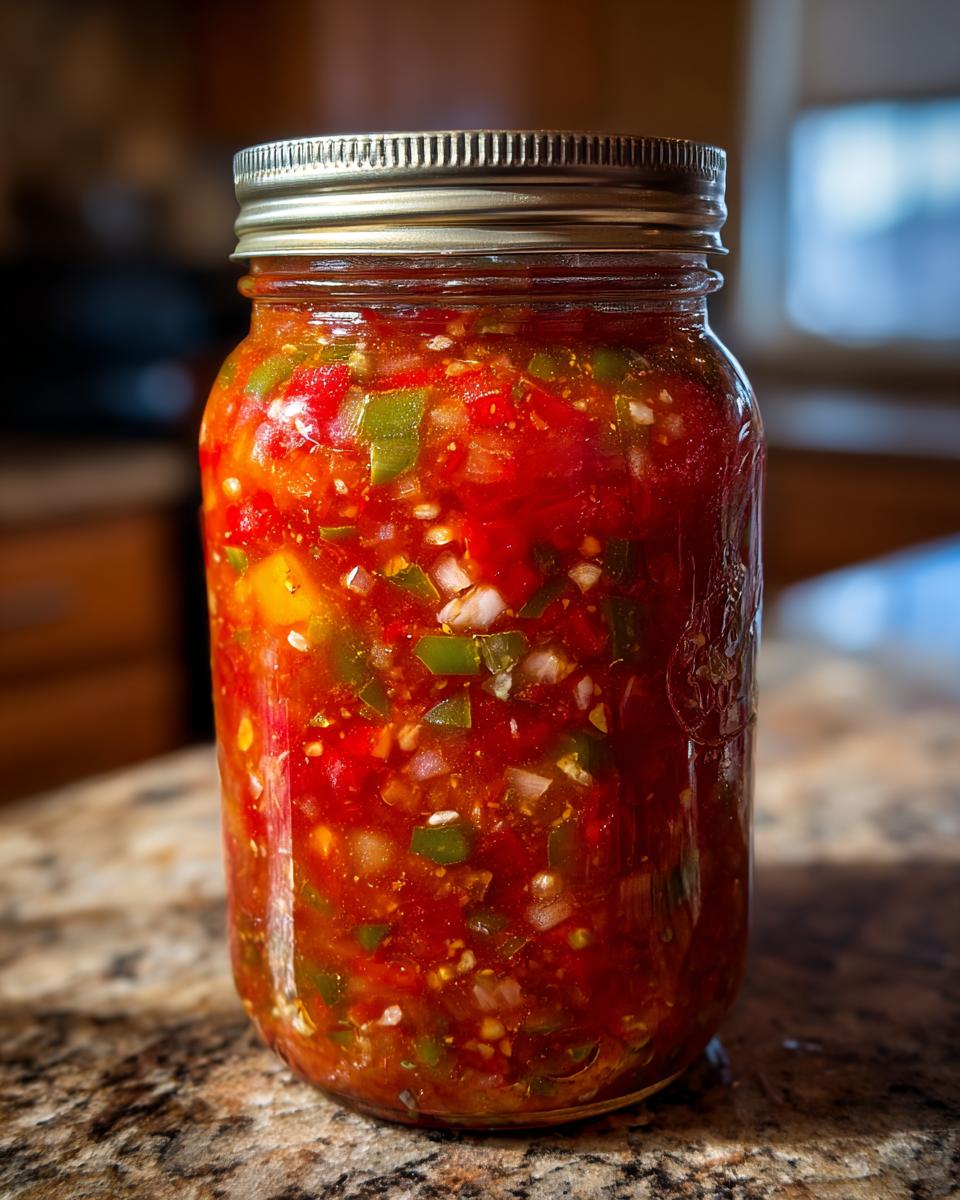 A close-up of a mason jar filled with vibrant Fresh Tomato Canned Salsa, showing chunks of tomatoes, jalapeños, and onions.