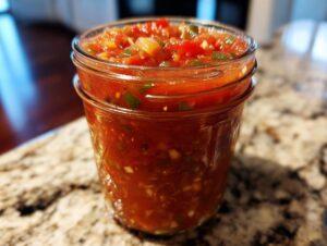 A close-up of a glass jar filled with vibrant, chunky fresh tomato canned salsa.