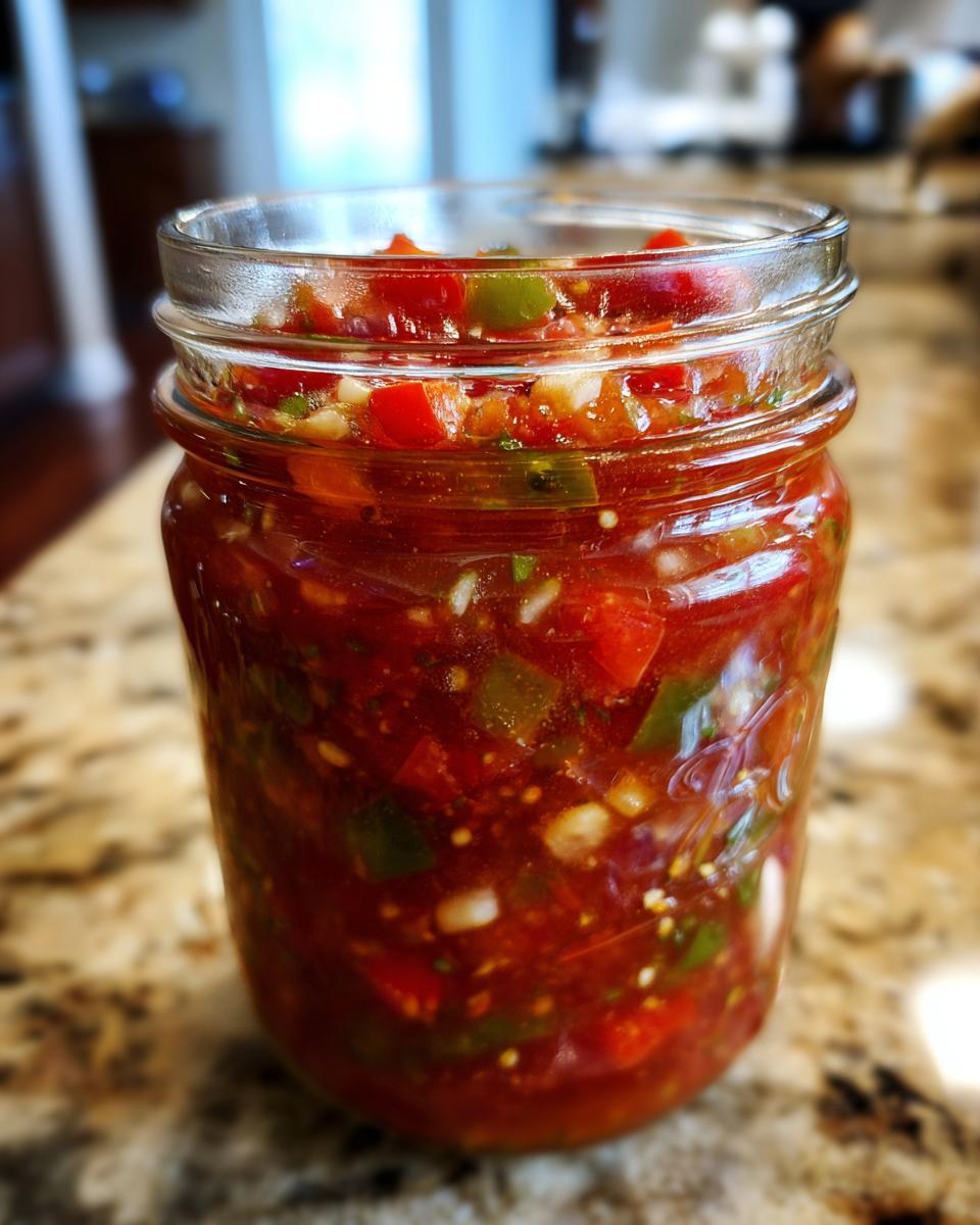 A close-up of a mason jar filled with vibrant Fresh Tomato Canned Salsa, showing chunks of tomatoes, peppers, and onions.