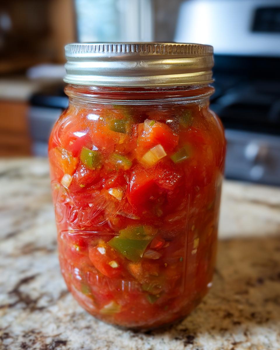 A close-up of a mason jar filled with vibrant fresh tomato canned salsa, showing chunks of tomatoes, peppers, and onions.