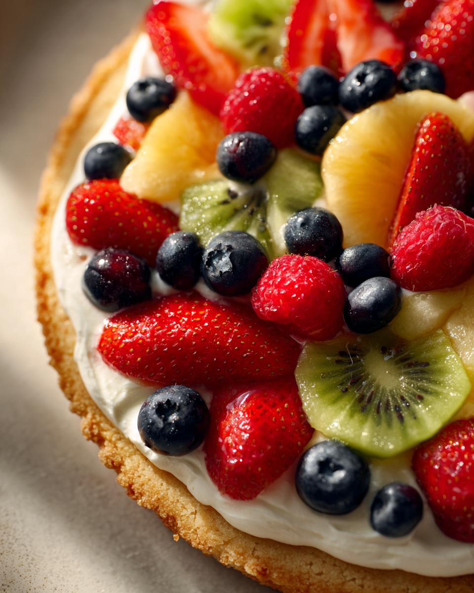 Close-up of a vibrant fruit pizza on a sugar cookie crust, topped with cream cheese frosting and fresh berries, kiwi, and pineapple.