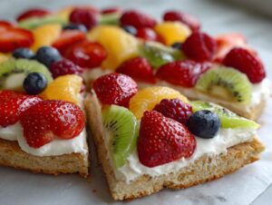 Close-up of a slice of fruit pizza sugar cookie topped with cream cheese frosting and colorful fresh fruit.