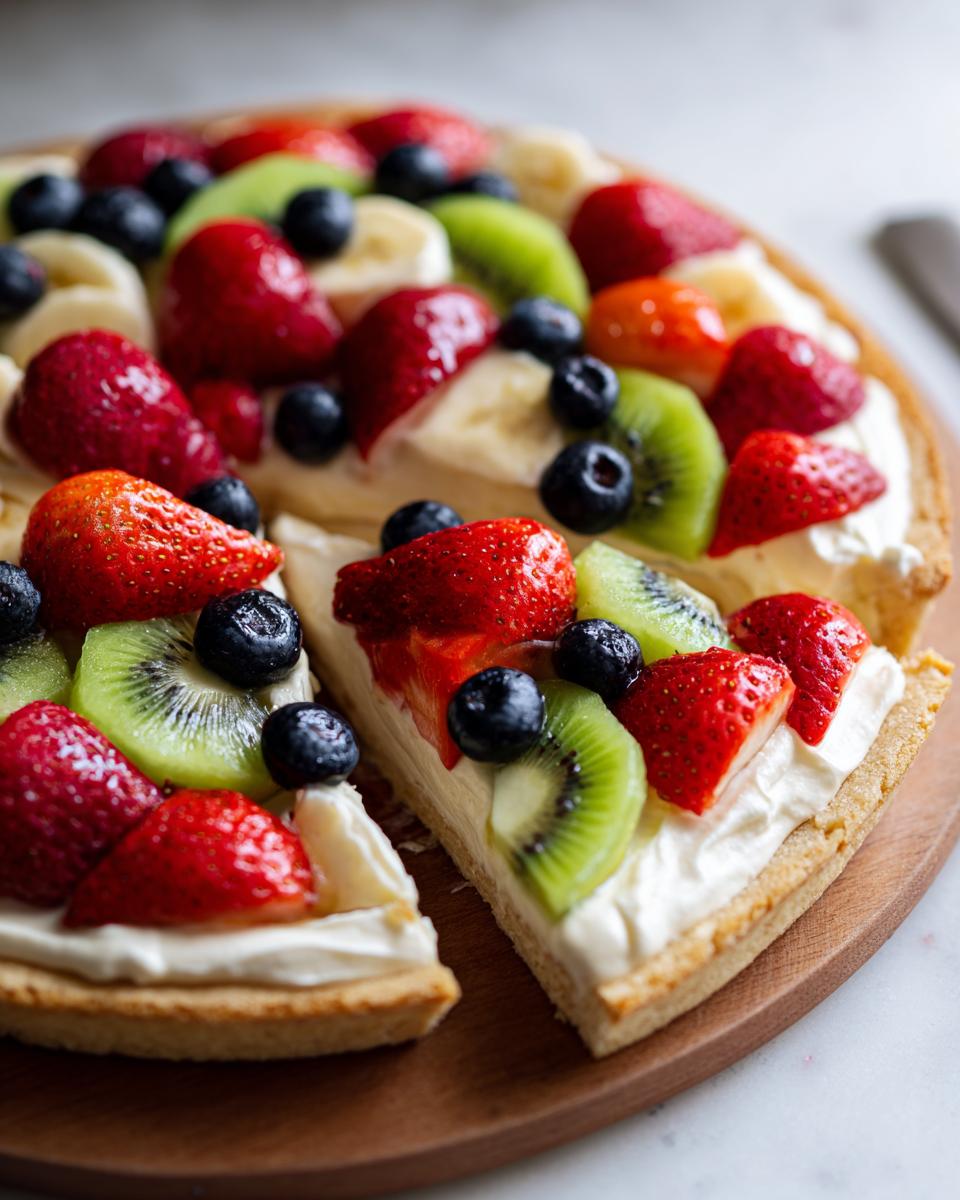 A slice of delicious fruit pizza sugar cookie topped with cream cheese frosting and fresh strawberries, blueberries, and kiwi.