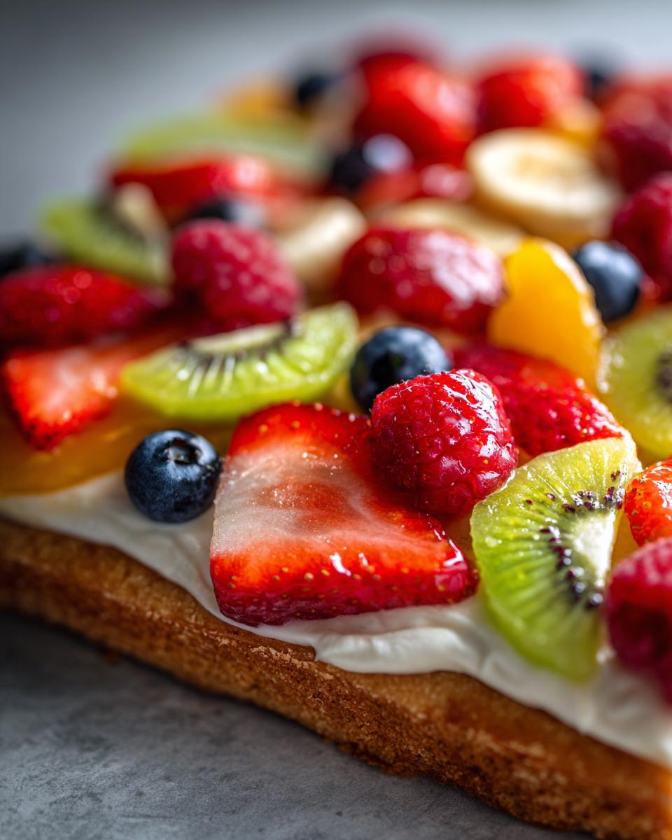 Close-up of a slice of easy fruit pizza on a sugar cookie crust, topped with cream cheese frosting and fresh strawberries, blueberries, raspberries, kiwi, and banana.