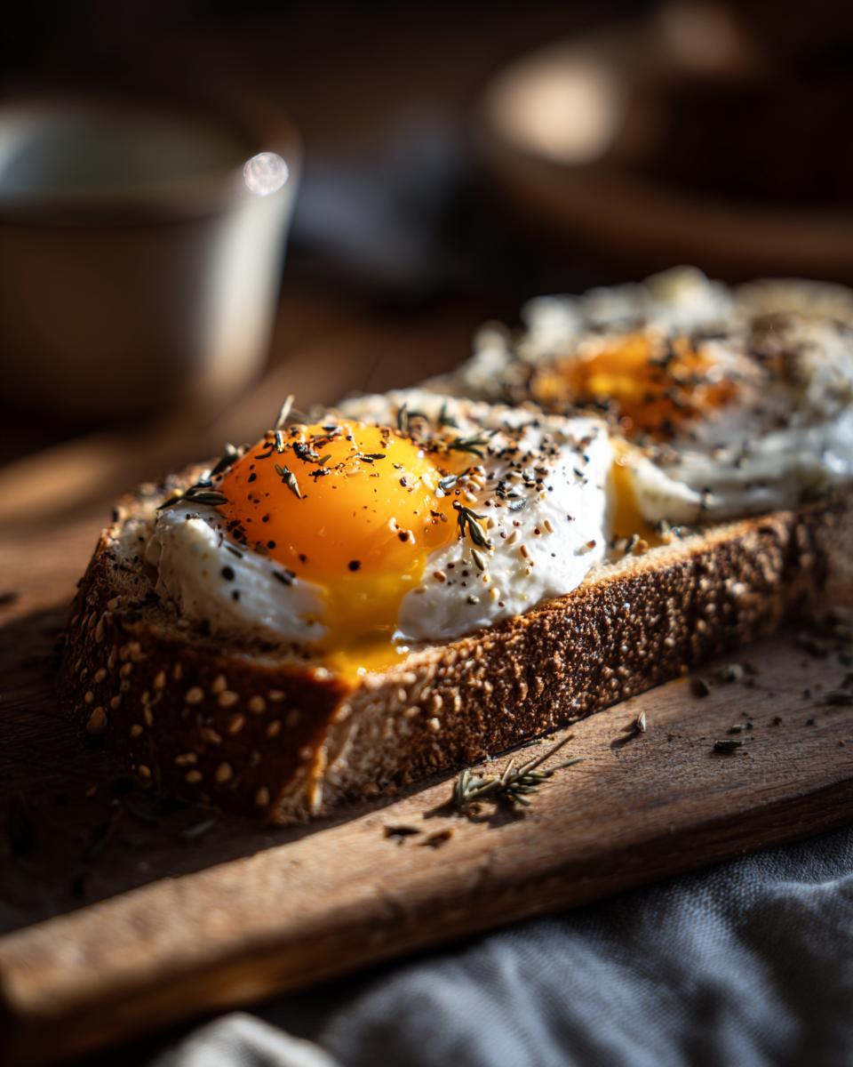 A slice of toast topped with creamy cheese, a perfectly cooked egg with a runny yolk, and seasoned with herbs and pepper, drizzled with garlic aioli.