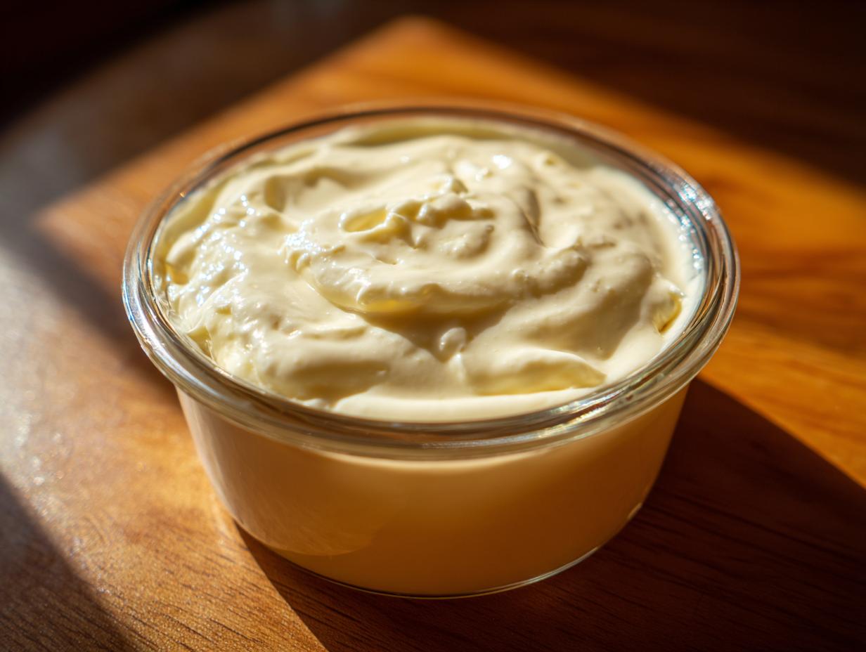 A close-up of creamy, homemade garlic aioli in a glass jar, ready to be served.