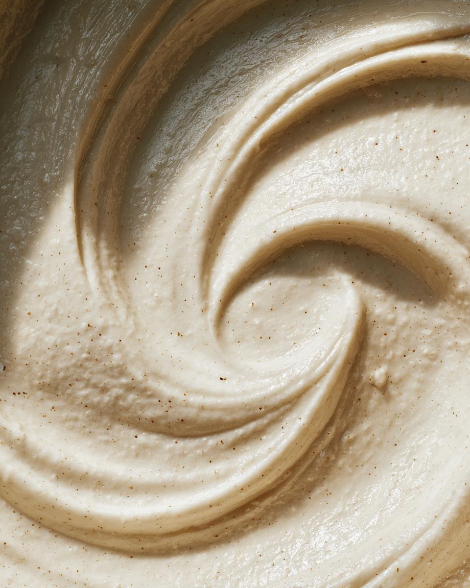Close-up of a creamy, smooth swirl of garlic aioli with tiny flecks of seasoning.