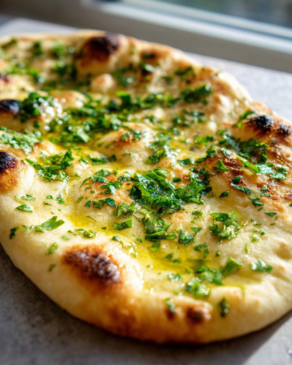 Close-up of freshly baked garlic naan bread, brushed with melted butter and sprinkled with chopped cilantro.