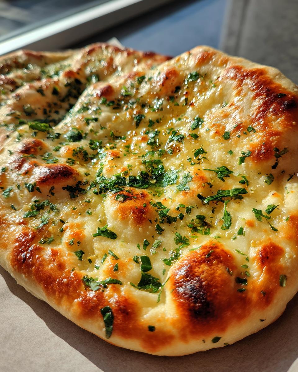Close-up of freshly baked garlic naan bread topped with melted butter and chopped parsley.