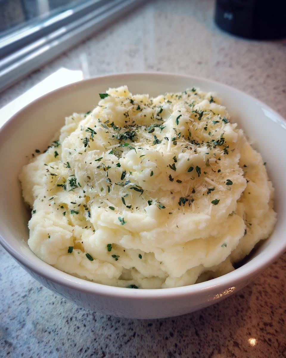 A bowl of creamy garlic parmesan mashed potatoes topped with grated parmesan cheese and chopped parsley.