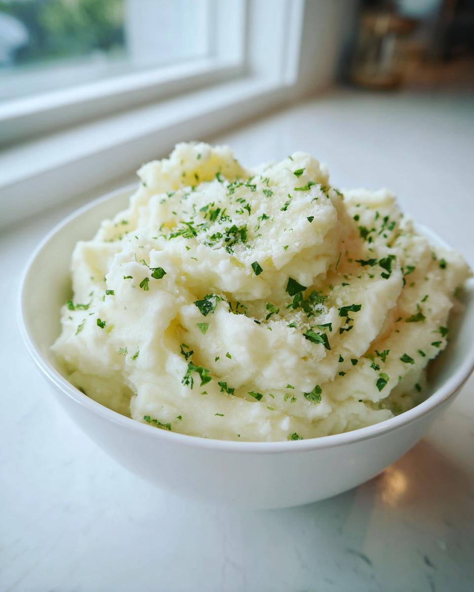 A close-up of a white bowl filled with fluffy garlic parmesan mashed potatoes, garnished with fresh parsley and grated parmesan.