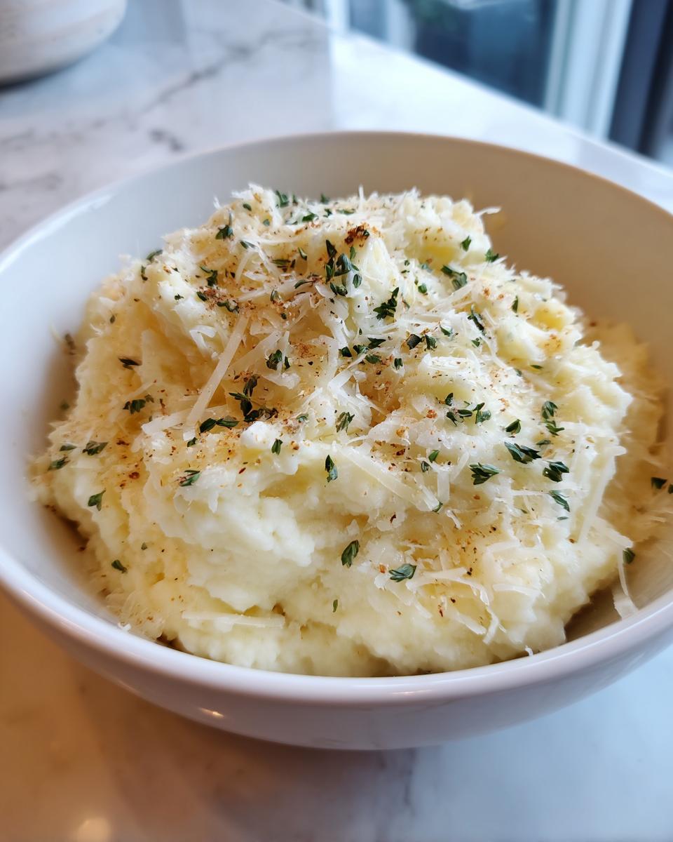 A close-up of fluffy garlic parmesan mashed potatoes topped with shredded parmesan and herbs in a white bowl.