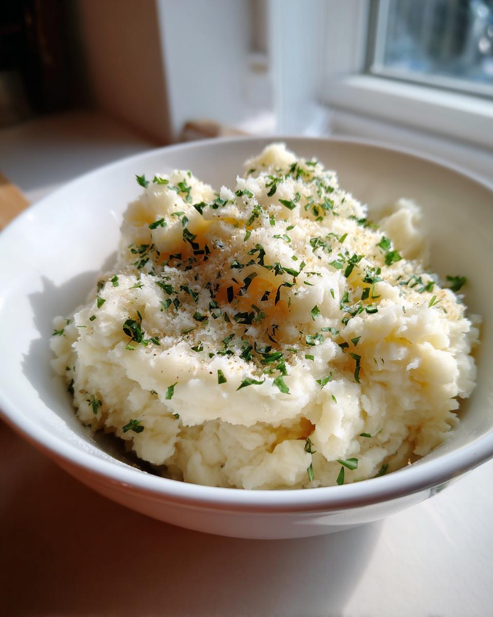 A close-up of a bowl of fluffy garlic parmesan mashed potatoes topped with fresh parsley and grated parmesan.