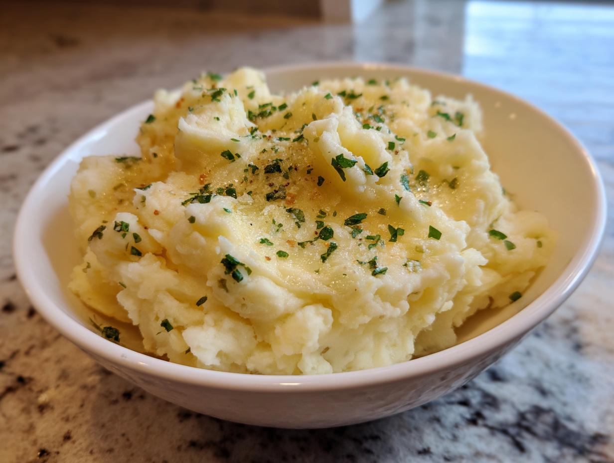 A close-up of creamy garlic parmesan mashed potatoes topped with melted butter, parsley, and seasoning.
