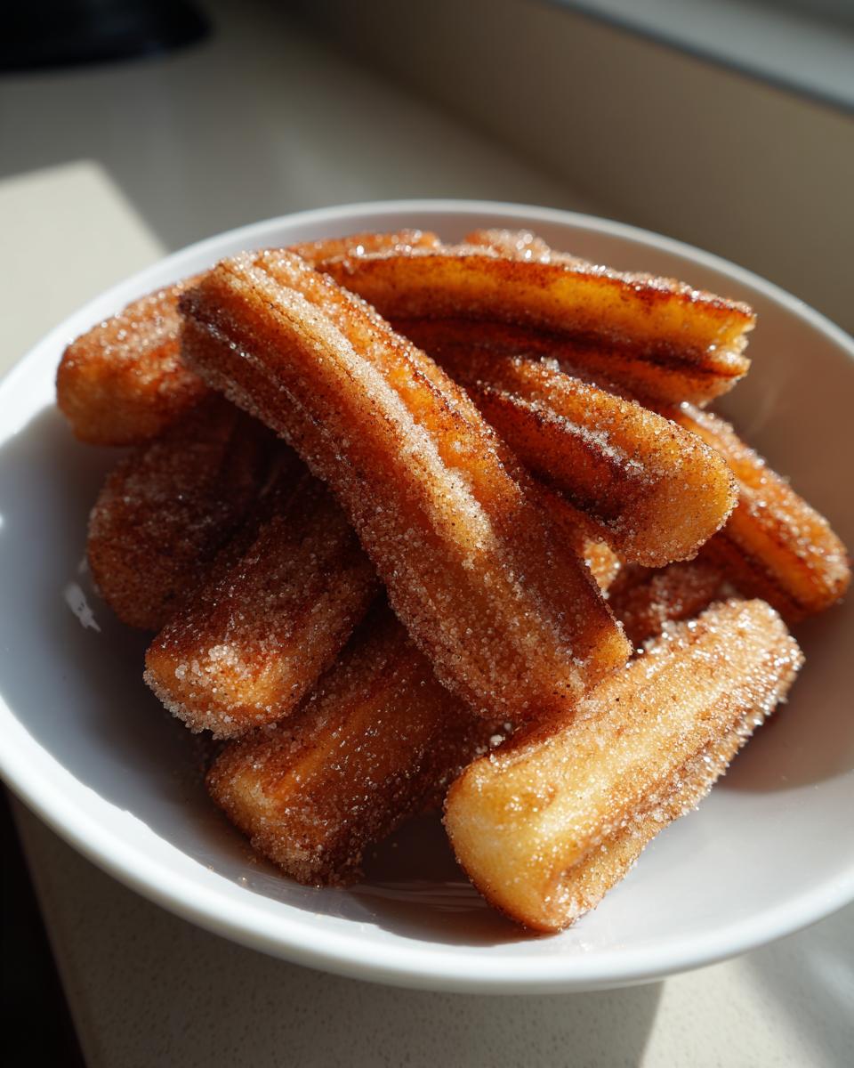 A close-up of a bowl filled with freshly fried churros, generously coated in cinnamon sugar.