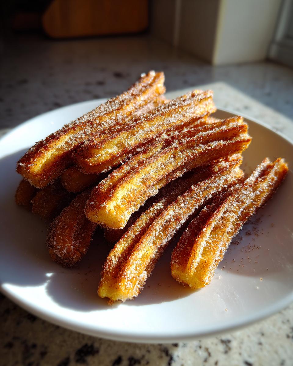 A pile of freshly made golden churros dusted with cinnamon sugar on a white plate.