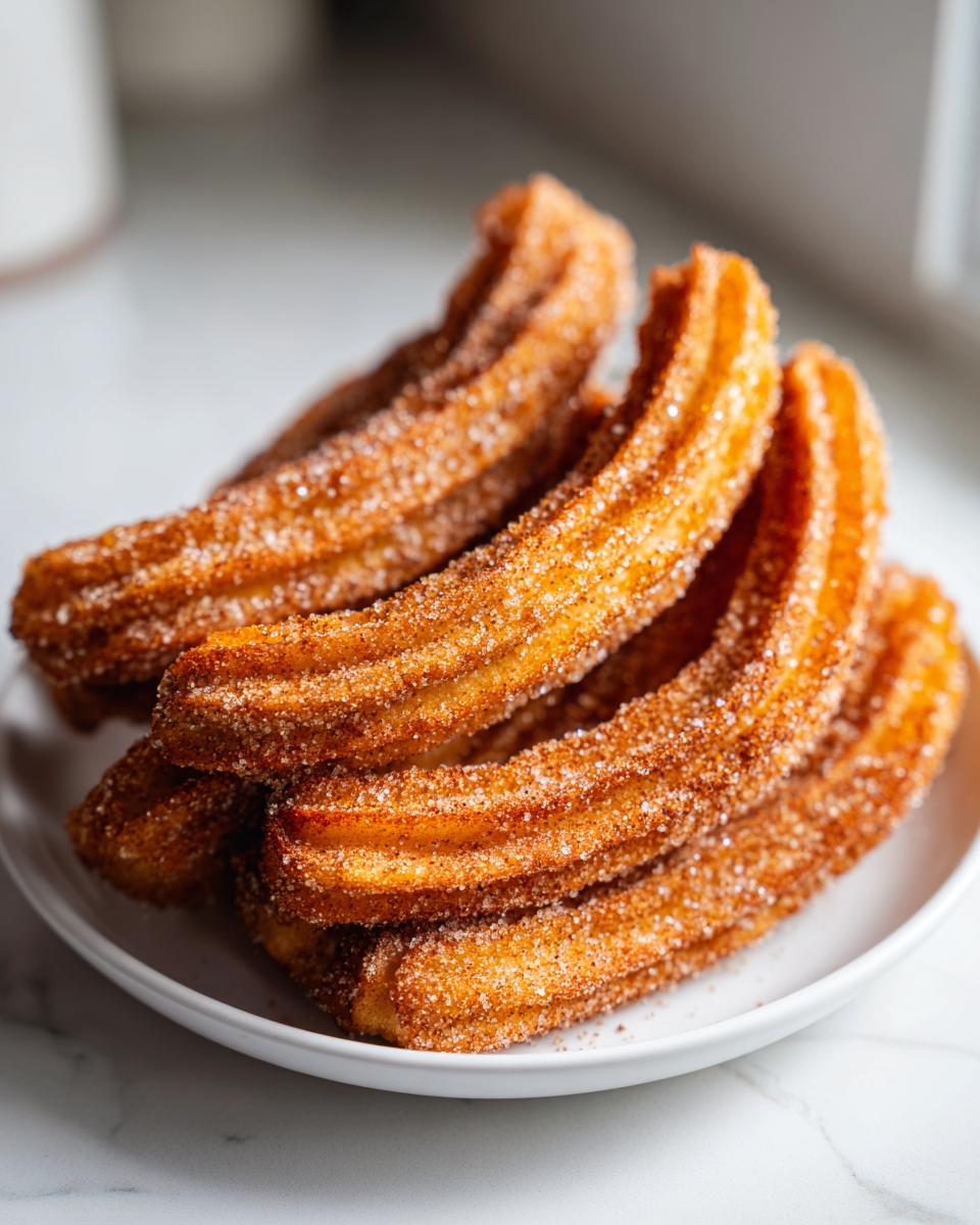 A close-up of a stack of golden brown churros generously coated in cinnamon sugar on a white plate.